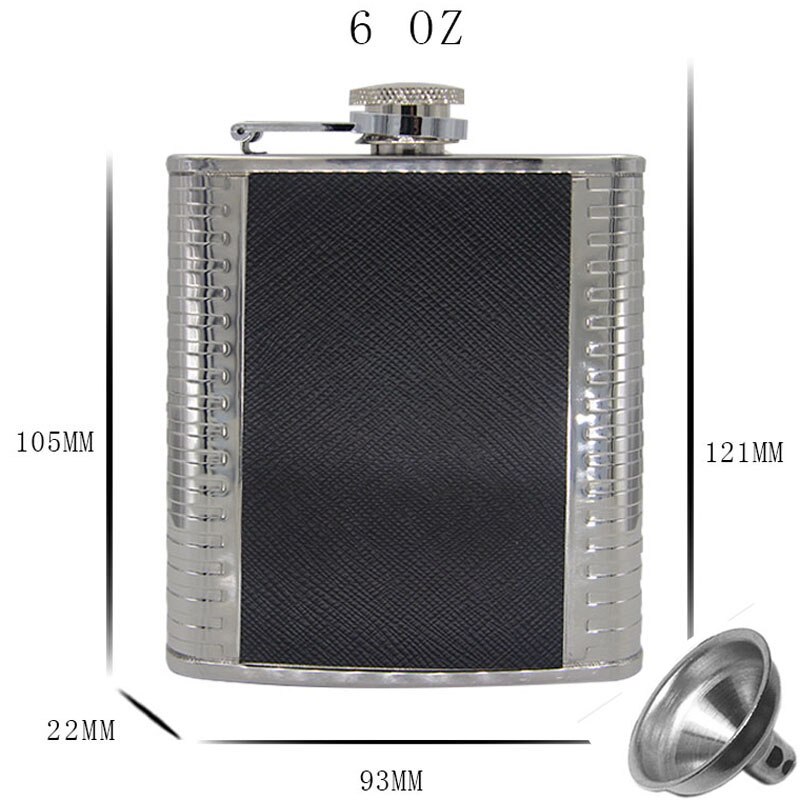 4 oz 6 oz 7 oz fiaschetta in acciaio inossidabile, in similpelle nera, portatile, per Whisky, con imbuto, bottiglia per alcol inclusa: 6 oz