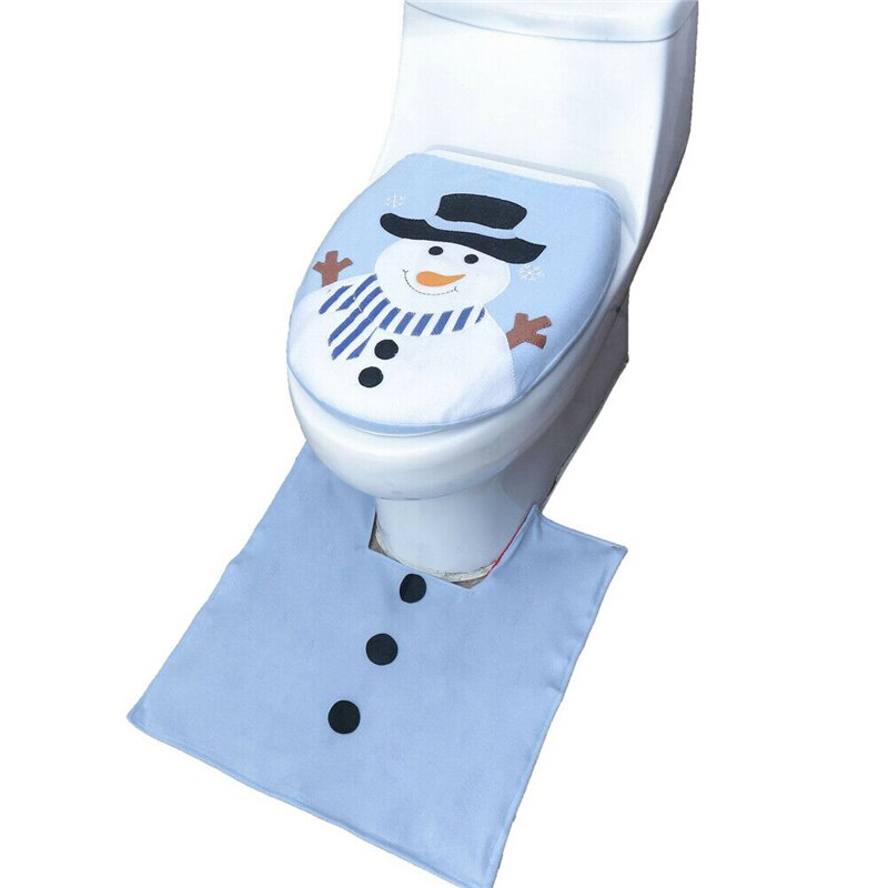 3 stk jul xmas boligindretning toilet toilet sæt santa snemand elf jul badesæt (toiletbetræk + tankdæksel + kontur tæppe): Blå snemand