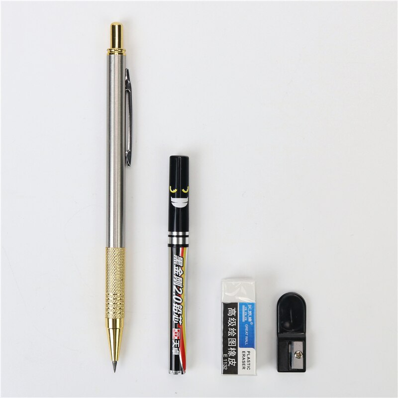 Crayon mécanique en métal pour étudiants, stylo de dessin et d'écriture, 5 gommes à crayon et taille-crayon gratuits, 2.0: 1PCS Golden pen