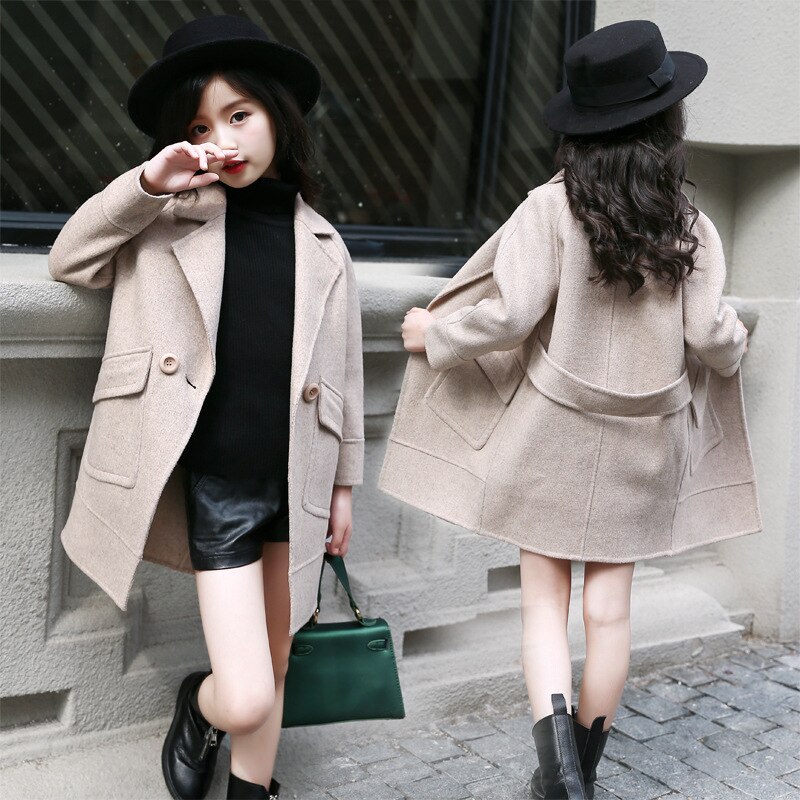 Girls Wool Winter Coats Double breasted Children's Trench Jackets Thick Warm Velvet Girl Coats Outwear Kids Clothing