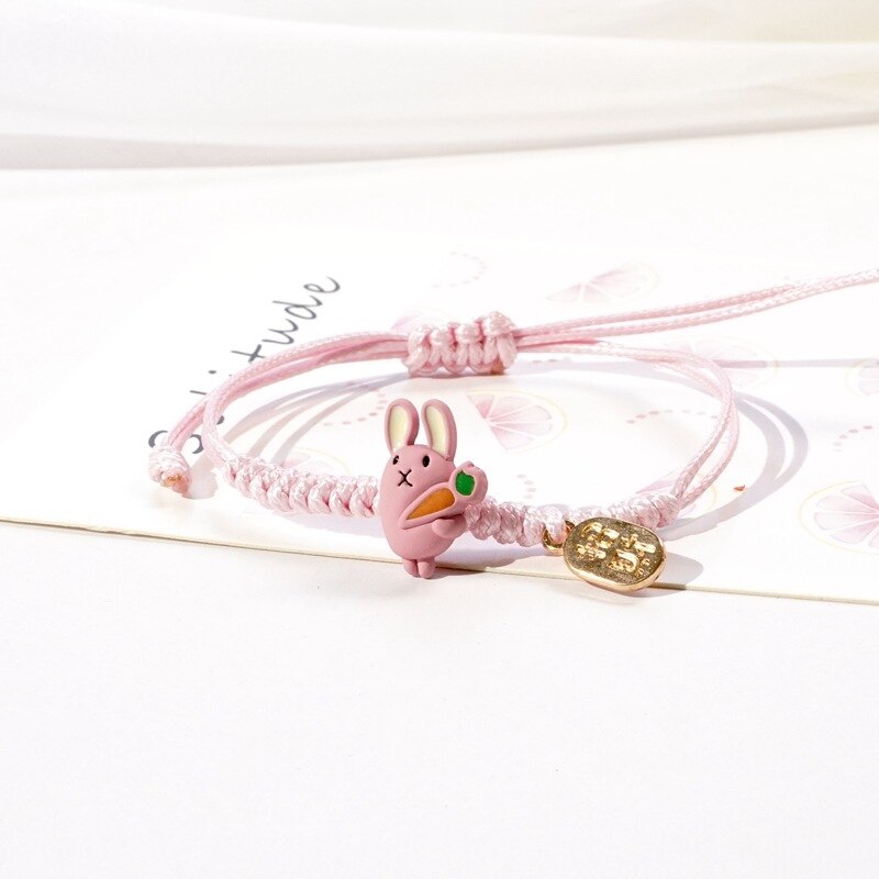 Cute Animal Children Bracelet Bikachu Dinosaur Rabbit Brown Bear Hand-Woven Rope Bracelet Adjustable Bracelet for Women: Pink rabbit