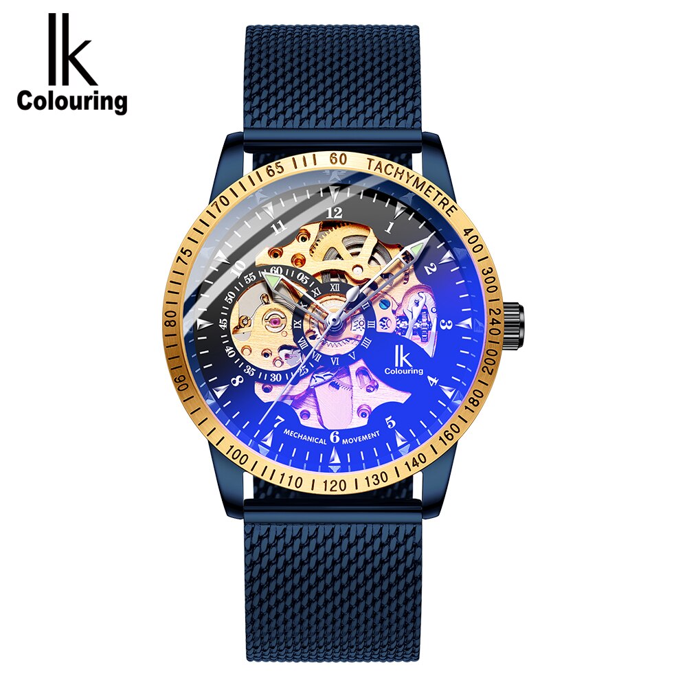 Ik färglägg herrklockor mesh flätat band i rostfritt stål automatisk mekanisk manlig klocka skelett steampunk relogio masculino