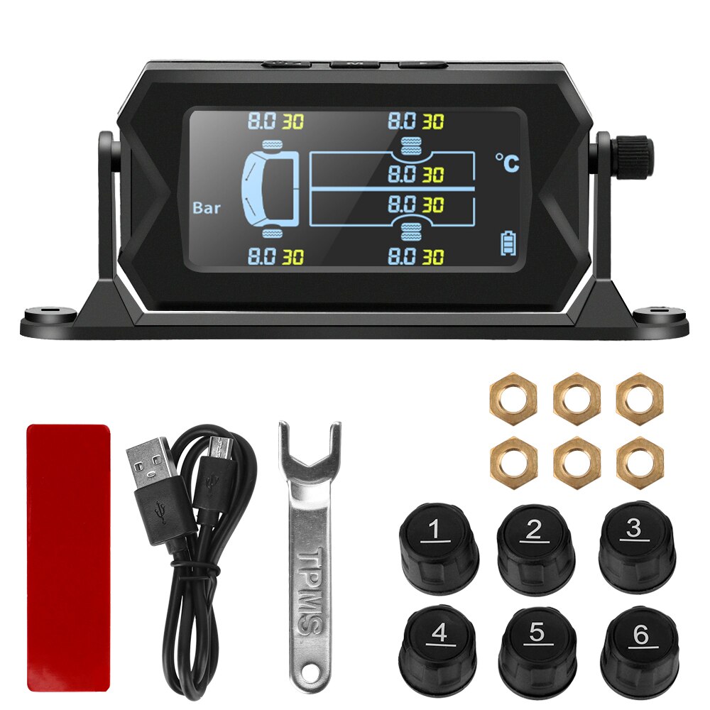 Lastbil bil dæktryk overvågningssystem tpms solopladning 6 ekstern sensor lcd display dæk diagnostiske værktøjer alarm monitor: Tpms