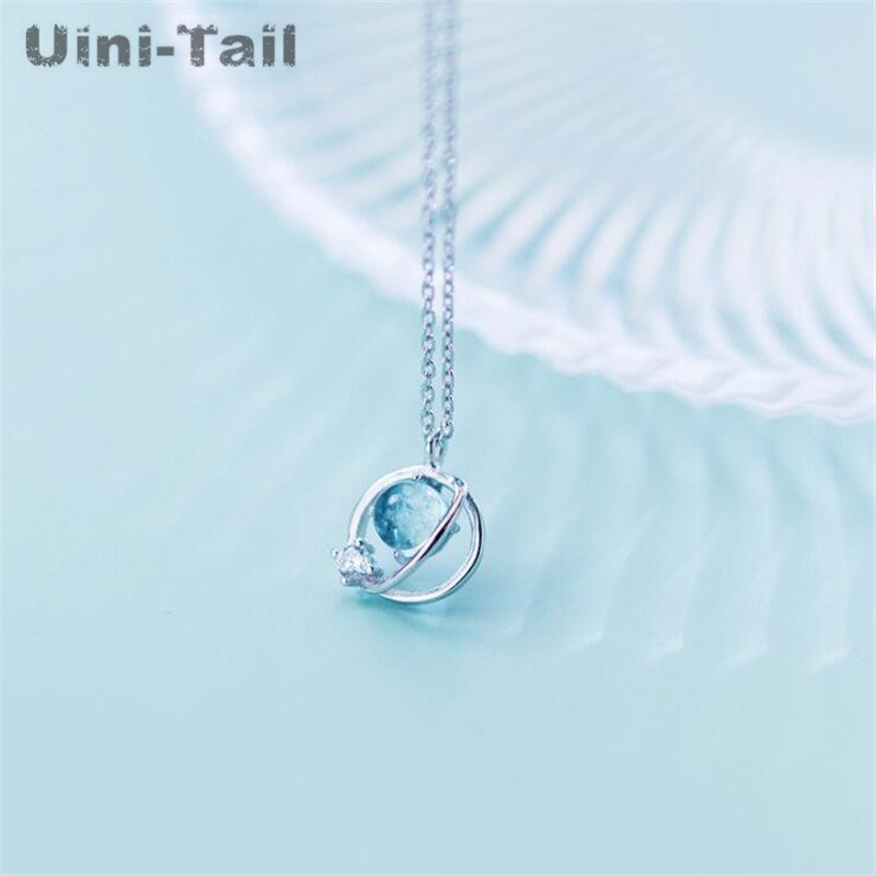 Uini-tail 925 sterling sølv blå aurora planet halskæde temperament sød enkel blå planet smykker  ed192