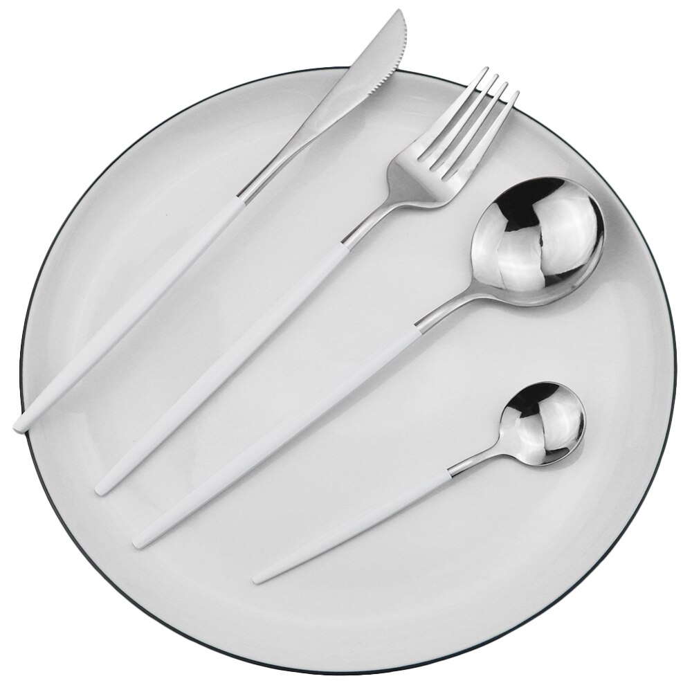 Silver Cutlery Set Stainless Steel Dinnerware Set Knife Dessert Fork Coffee Spoon Dinner Set Kitchen Tableware Silverware Set: 4Pcs White Silver