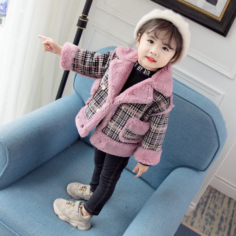 Flickor vinter rutig kappa baby sammet prinsessa förtjockad koreansk stil lapel jacka