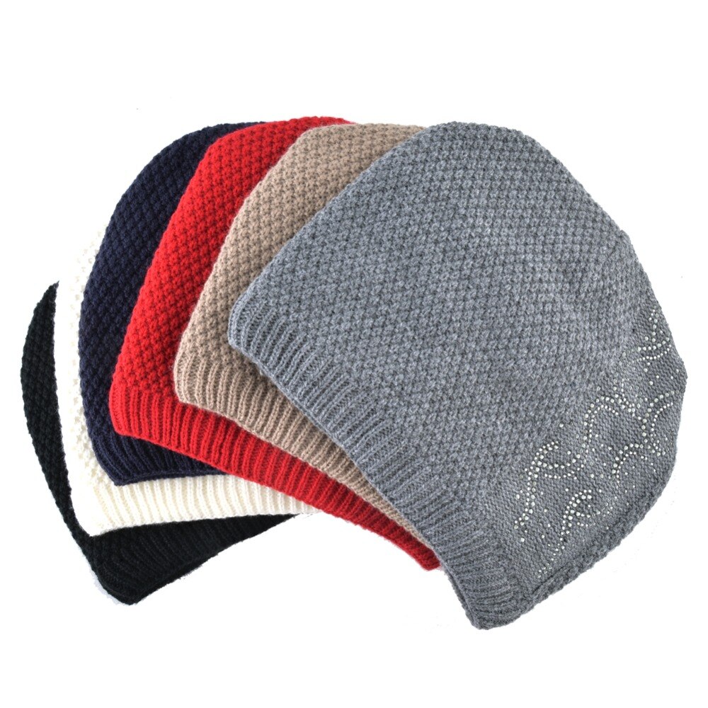 Varm strik beanie med rhinestones vinter dobbelt foring hatte til kvinder fletning ensfarvet skullies beanies dame kasket