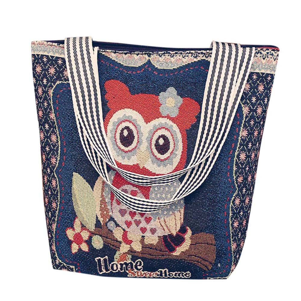 Large Capacity Canvas Cartoon Owl Satchel Tote Shoulder Bags For Women Casual Wild Handbag For Birthday bolso mujer: B