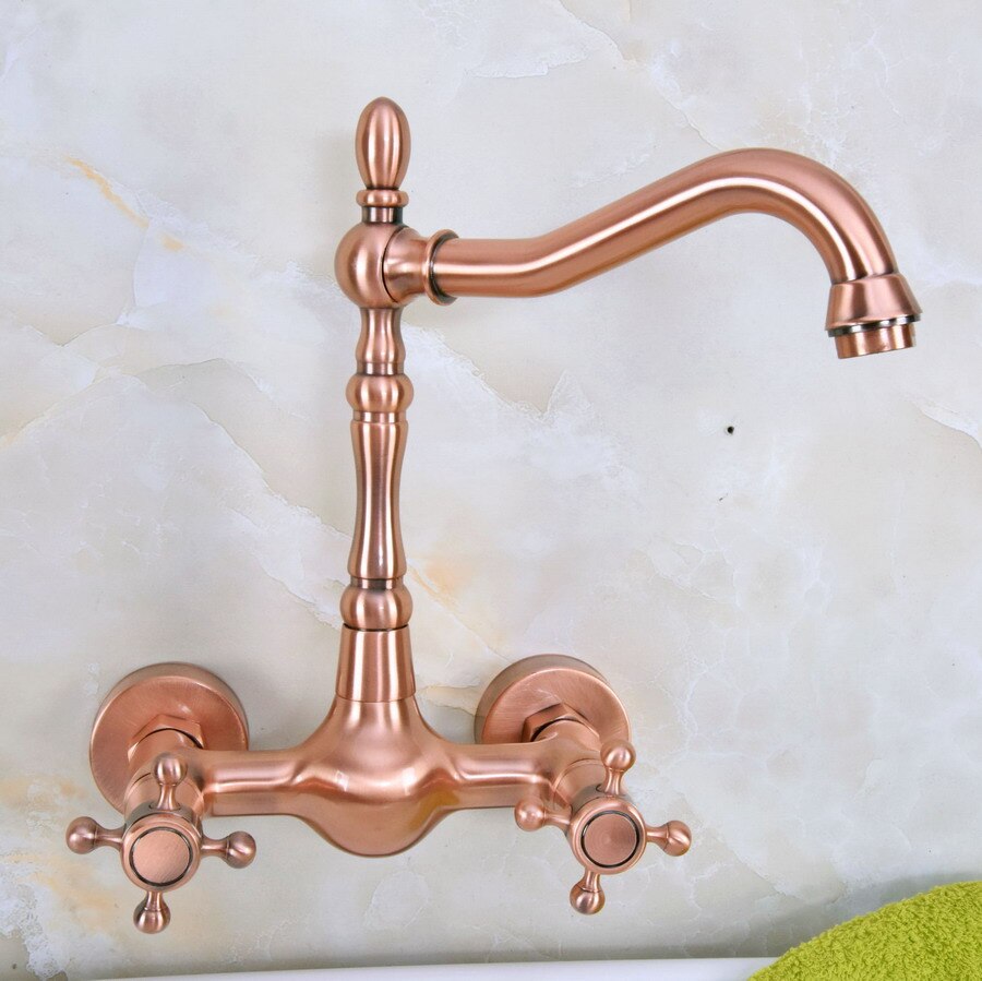 Rojo antiguo cobre latón baño cocina lavabo grifo mezclador grifo caño giratorio montado en la pared doble picaportes en cruz mnf944