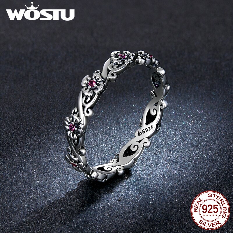 WOSTU 925 Sterling Sliver rozmiar Vintage wytłaczany wzór Rose Red Flower cyrkon pierścienie dla kobiet kobieta oryginalna biżuteria CTR235