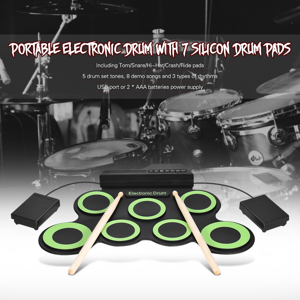 Portable Electronic Drum Digital USB 7 Pads Roll up Drum Set Silicone Electric Drum Pad Kit With DrumSticks Foot Pedal