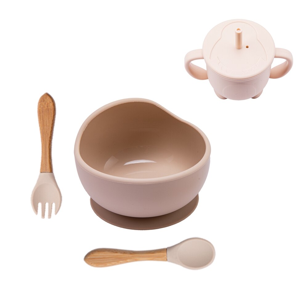 Tazón de silicona para bebé, vajilla con ventosa fuerte, taza de paja, tenedor, cuchara con forma de dibujos animados, juego de alimentación para niños sin BPA: D