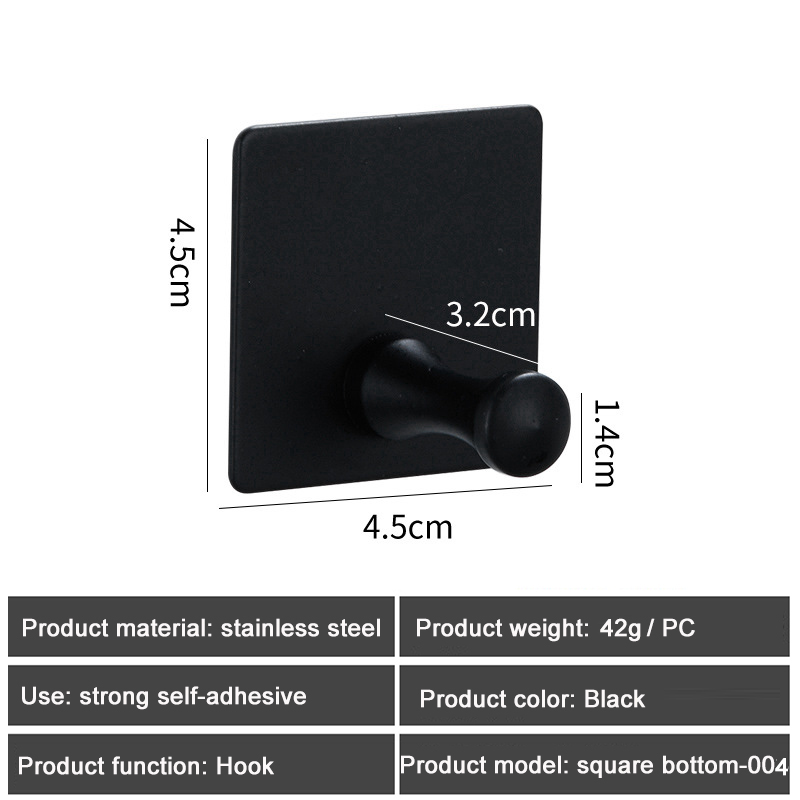 1PC SUS304 Robe Hooks Strong Self Adhesive Bathroom Stainless Steel Hook Wall Hangers Coat Towel Rustproof Hooks Kitchen Hardwar: Square Black 004