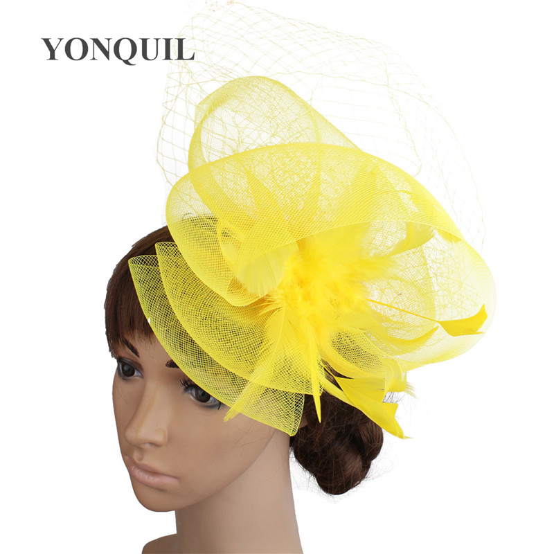 Șic, făcută manual pentru nuntă, tulle, pălărie de fascinator, accesorii din plasă, pălărie pentru mireasă, pentru femei, nailon, pentru femei, pentru petrecere, pentru cină, pălărie mireasa: Galben