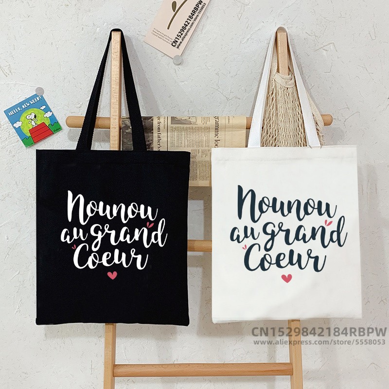 Nounou au grand coeur Sac Women Shopping Canvas Tote Bag Girl Harajuku borsa a tracolla Ulzzang femminile
