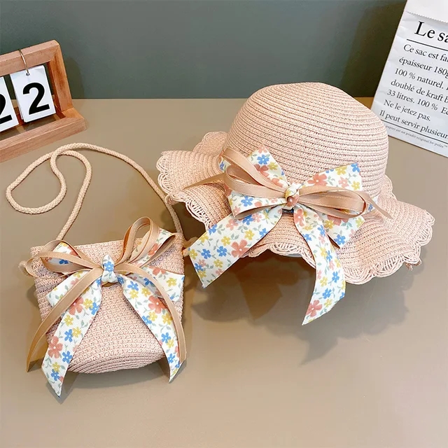 2024 neue Sommer Mädchen Strohhut Set Handtasche neue Blume Sonnenhut Strohhut Sonnenhut Kinder Mädchen Baby Strohhut Sombrero Sunset: Beige