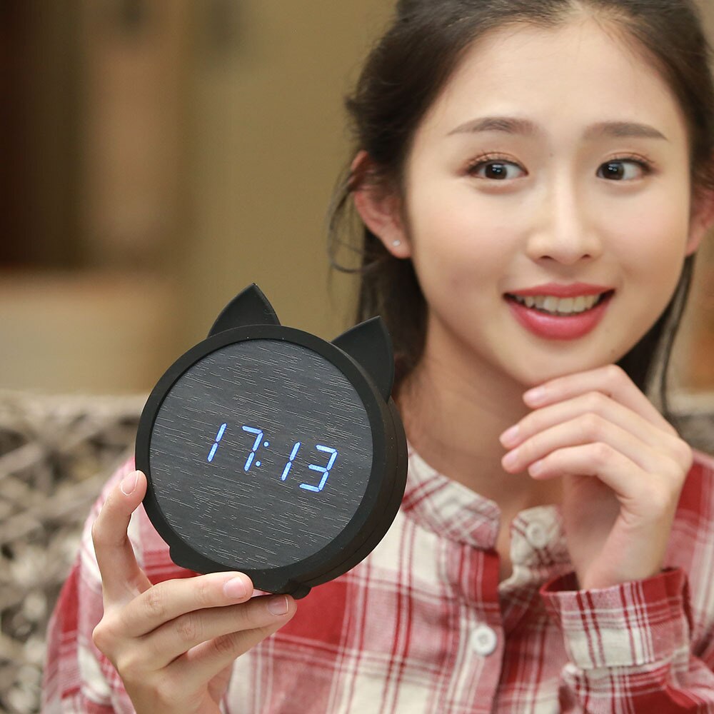Digitale wekker met led-display voor katten, wekkerinstelling, houten elektronische led-wekker met sluimertijd en spraakbesturing voor de slaapkamer