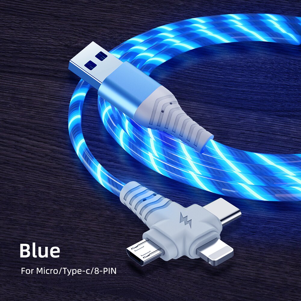 3in1 Flow Luminous Lighting Usb Cable For IPhone 12 11 Pro 3 In 1 2in1 LED Micro USB Type C 8Pin Charger Wire For Huawei Xiaomi