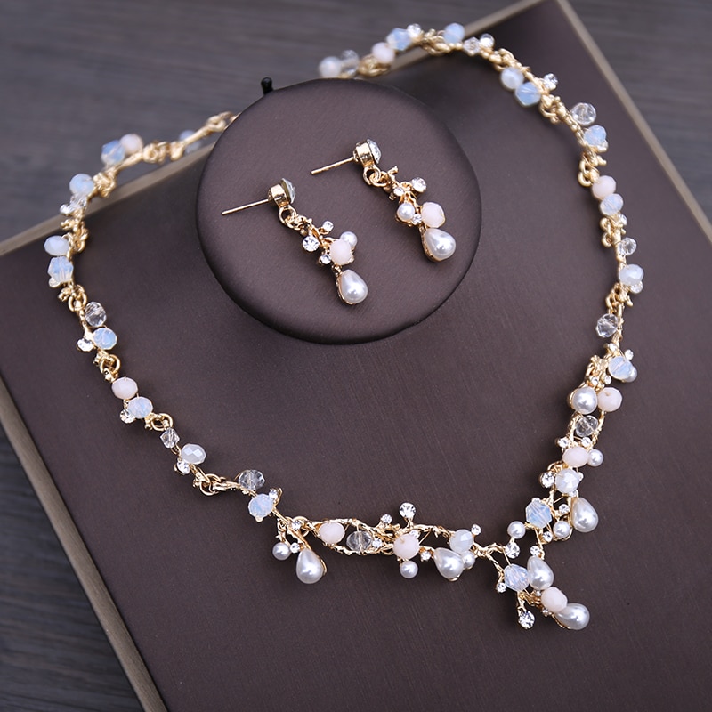 Gold Pearls Wedding Hair Jewelry Bridal Necklace Earrings Set With Tiara Women Prom Jewelrys Sets Accessories