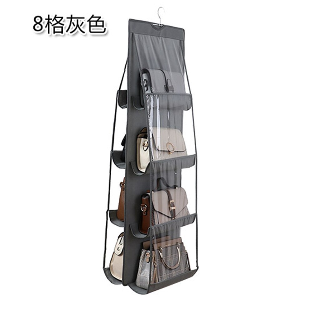 8 Pockets Clear Hanging Purse Handbag Tote Bag Storage Organizer Closet Rack Bag: Gray / 6 Pockets