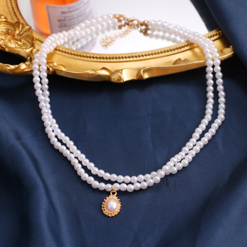 Mode Dubbele Parel Choker Ketting Voor Vrouwen Koreaanse Imitatie Parel Hanger Korte Ketting Trend Choker Sieraden Чокер