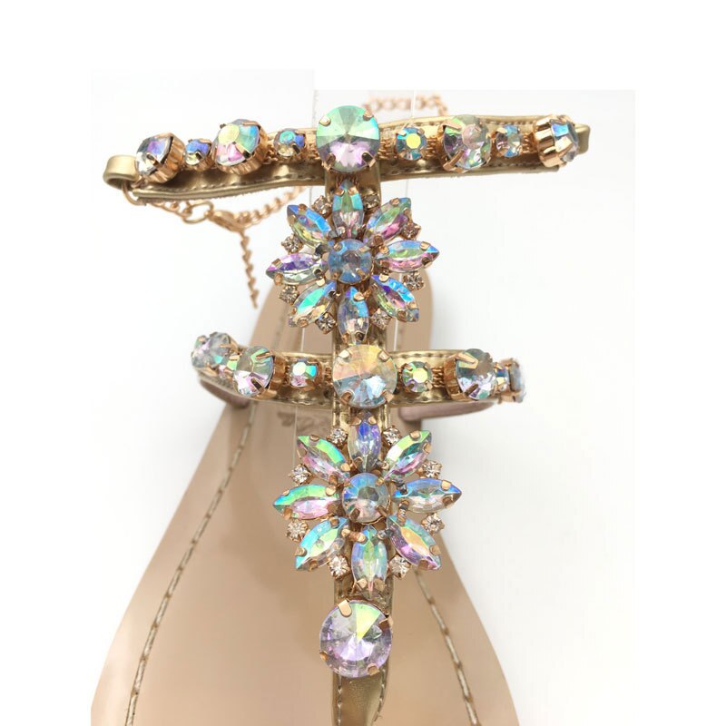 Sandalias de mujer zapatos de mujer cadenas de diamantes de imitación Tanga gladiador Sandalias planas zapato de cristal de talla grande 42 tenis Femenino