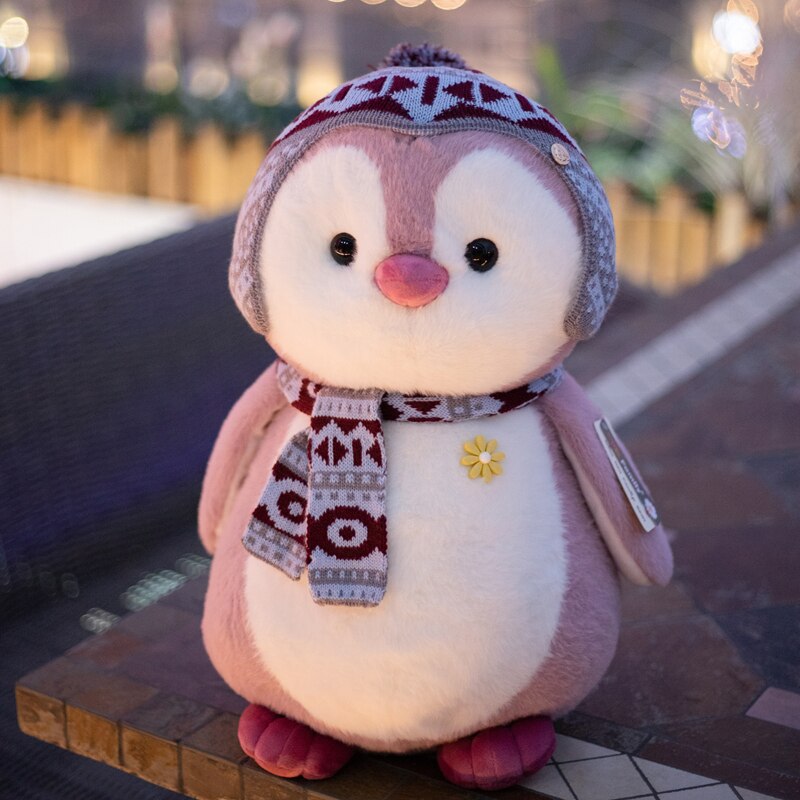 Schattige pluizige pinguïn knuffeldier, knuffeldier, sjaal, muts, aankleedpop, pinguïn, speelgoed voor kinderen, kerst: 25-27cm / Roze