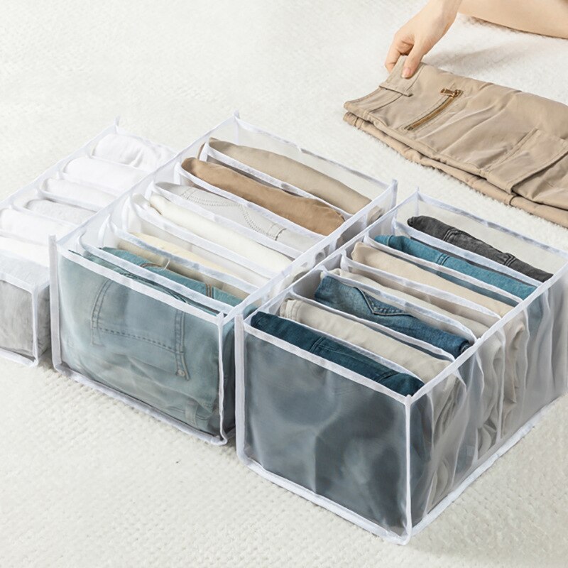 Clean and hygienic jeans compartment storage box closet clothes drawer mesh partition pants partition rack household storage: white / Middle 6 grid