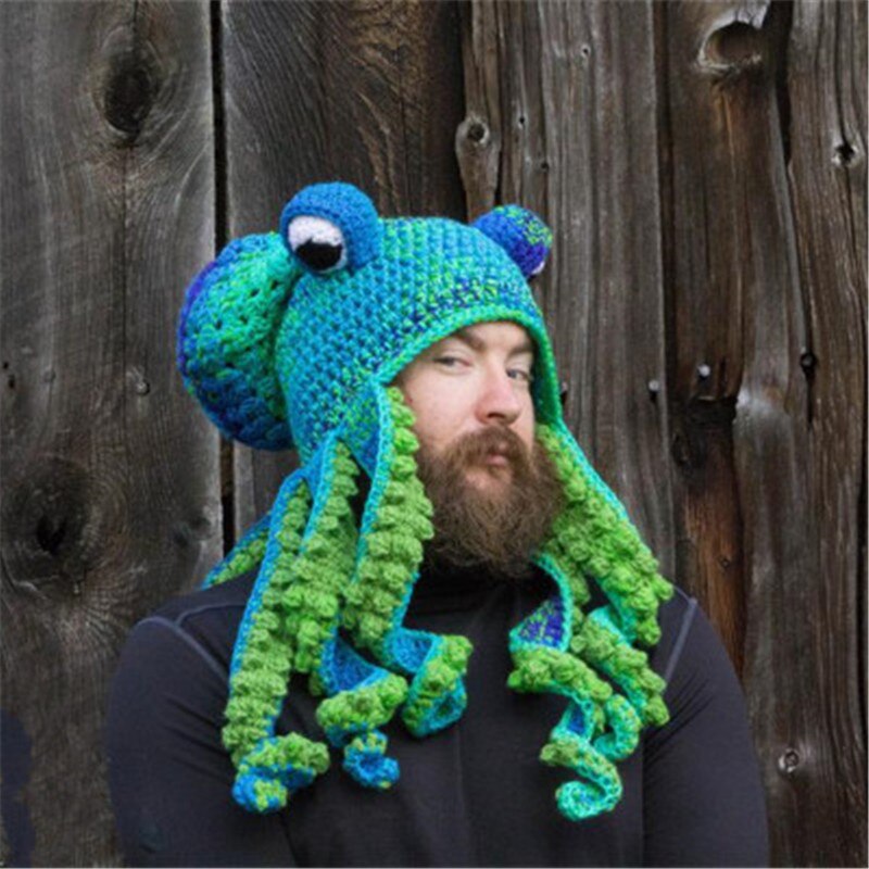 Bläckfisk skägg hand väva sticka ull hattar män jul cosplay fest rolig knepig huvudbonad vinter varm par hatt