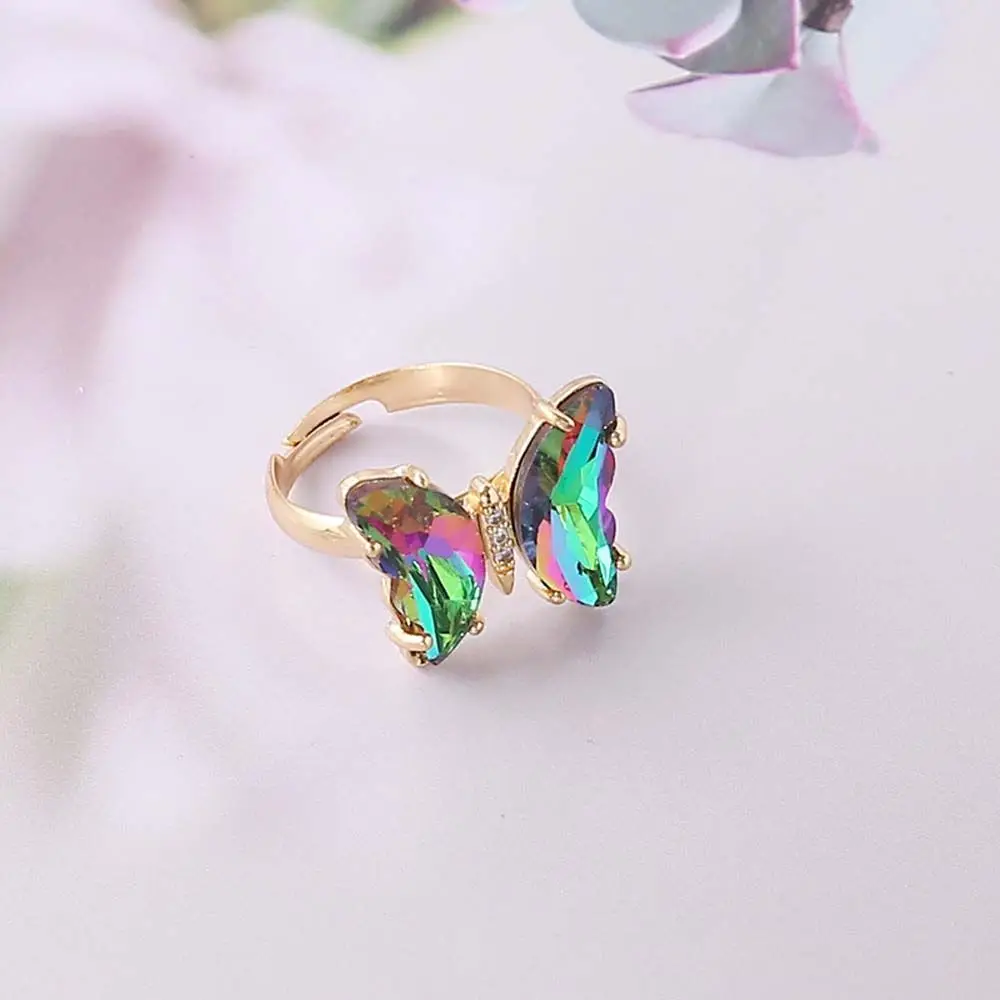 Adjustable Women Girls Korean Crystal Butterfly Open Ring Jewelry Finger Rings: Blue