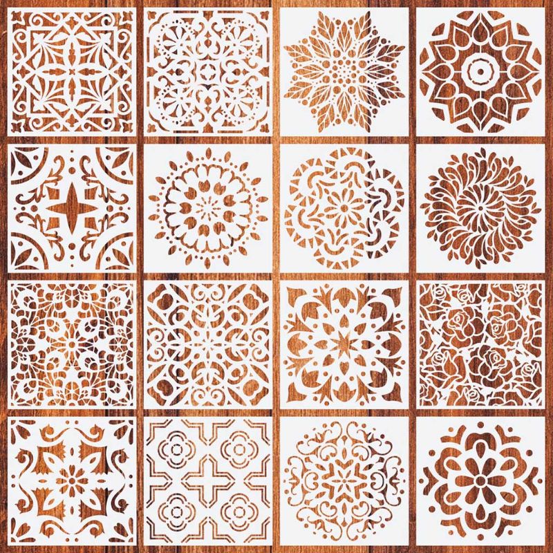 16 stk/sæt mandala stencils gør-det-selv-tegneskabelon vægmaling til træfliser rock boligindretning 15 x 15cm