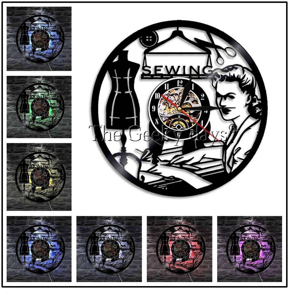 J'aime coudre vinyle Record horloge murale reloj de pared Vintage Quilting Machine à coudre horloge montre couturière femmes mère: Yellow / 12 Inch Without LED