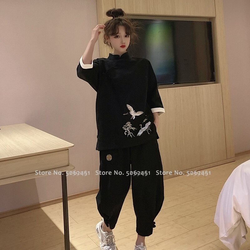 Traje Tang de estilo chino para hombre y mujer, ropa Oriental con bordado de grulla, Tops Cheongsam de Retro informal, conjunto de blusa y pantalones Kungfu
