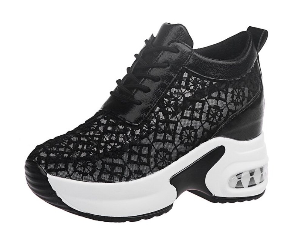 Sommar kvinnor skor kvinna andas mesh sneakers plattor spets loafers tjocka klackar plattform kilar fritidssko: Svart / 39