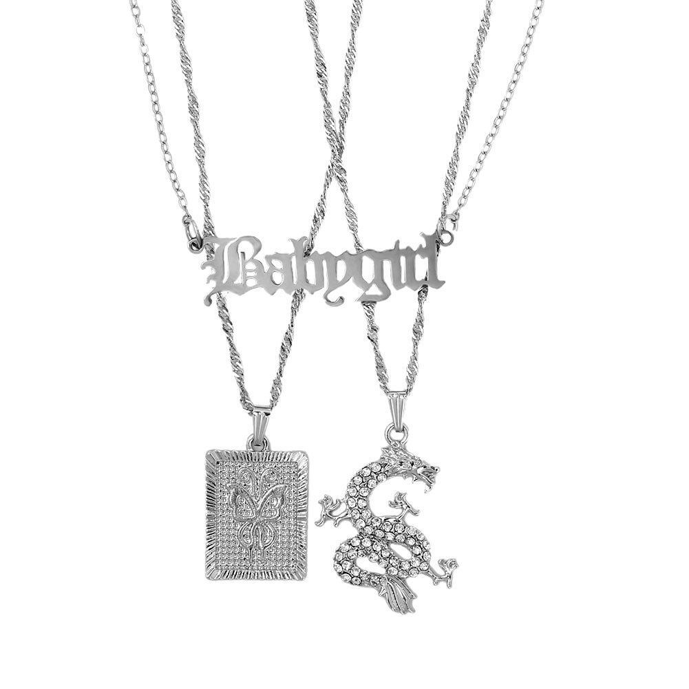 Flatfoosie Hip-hop Silver Color Babygirl Letter Pendant Necklace for Women Punk Crystal Dragon Twist Chain Necklace Jewelry: Default Title