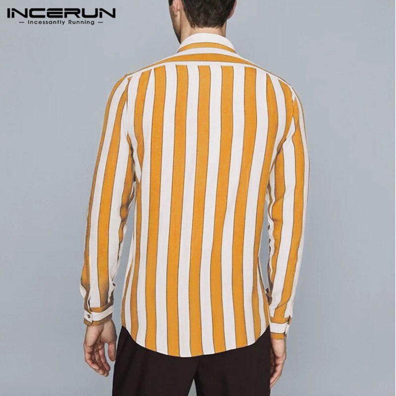 Camisas masculinas moda listrado botão blusa incerun manga longa lapela vestido camisas primavera homem solto casual streetwear S-5XL