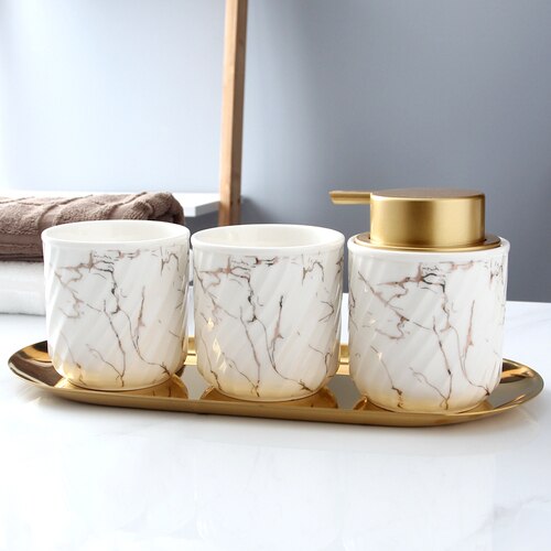 Ceramics 270ml Brushing Cup Simple Style Mouthwash Cup Marble Thread Lotion Bottle Separate Press-type Empty Bottle Couple Suit: H