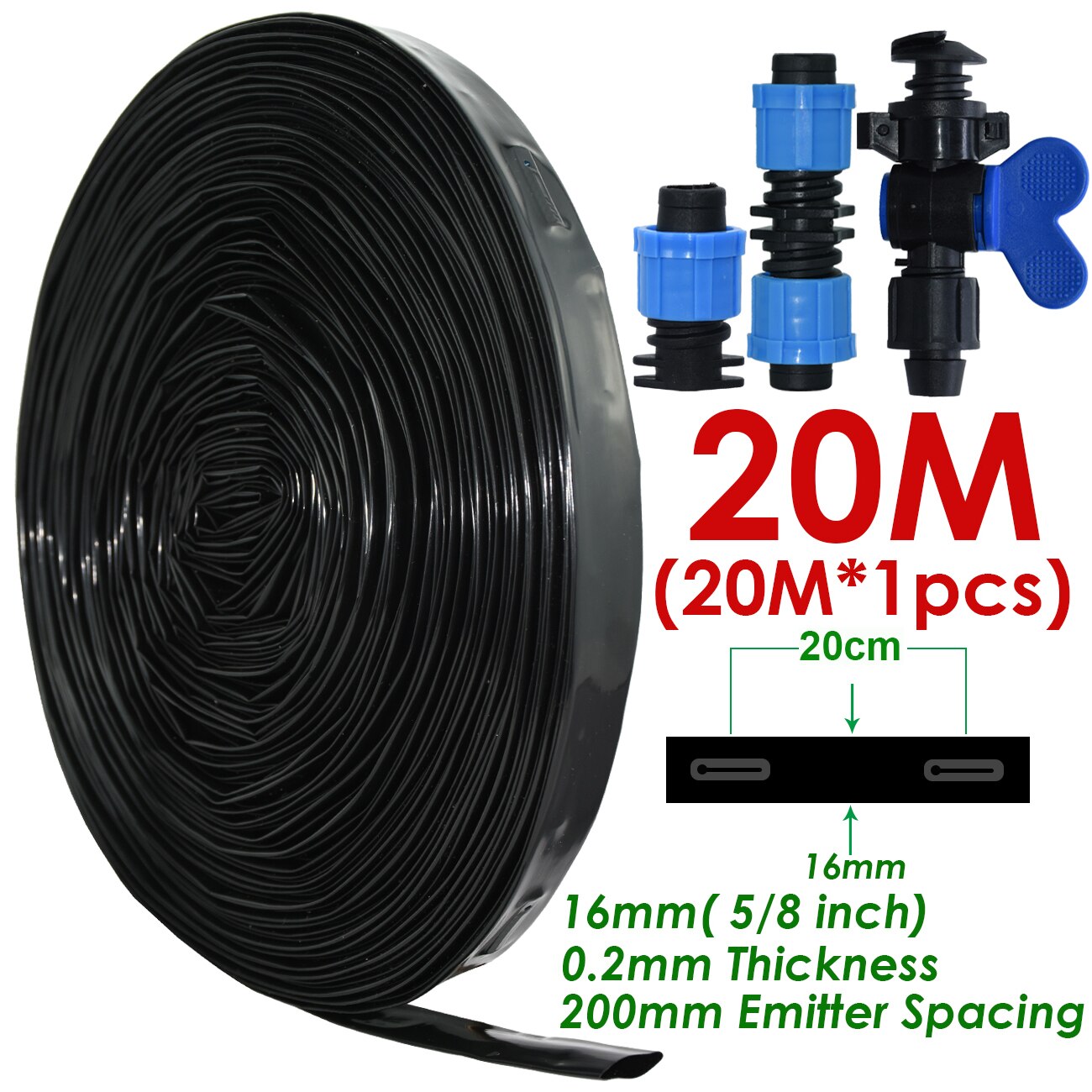 Ruban d'égouttement d'irrigation pour serre et jardin, 20-150m, 16mm, 8mil, 0.2mm, épaisseur 20cm, espacement de l'émetteur et du goutteur, 5/8 en effet, connecteur de tuyau: Bleu marine