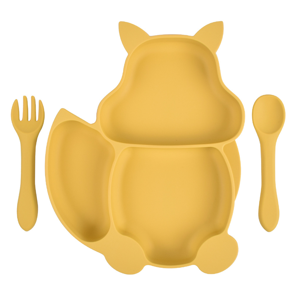 Baby Feeding Set Blue Silicone Suction Plate Squirrel Shape Self Feeding Training Stay Put Plate Soft Spoon Fork Dish Kit: 14