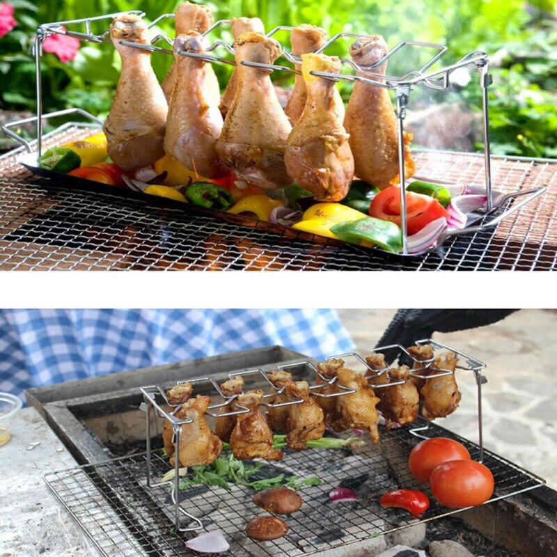 14 Slots BBQ Holder Duck Chicken Leg Wing Grill Cooking Rack With Drip Pan Poultry Roaster Chicken Wing Rack