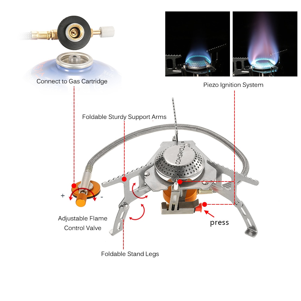 TOMSHOO Camping Equipment Gas Stove Kit Foldable Backpacking Camping Gas Burner Windproof wood stove Gas Adapter Cookware