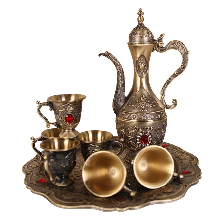 Juego de vajilla de 8 piezas, 1 x tetera, 6 x taza, 1 x bandeja de té, Retro Vintage estilo europeo, adorno de armario, juego de tazas de café árabe de cocina: green ancient