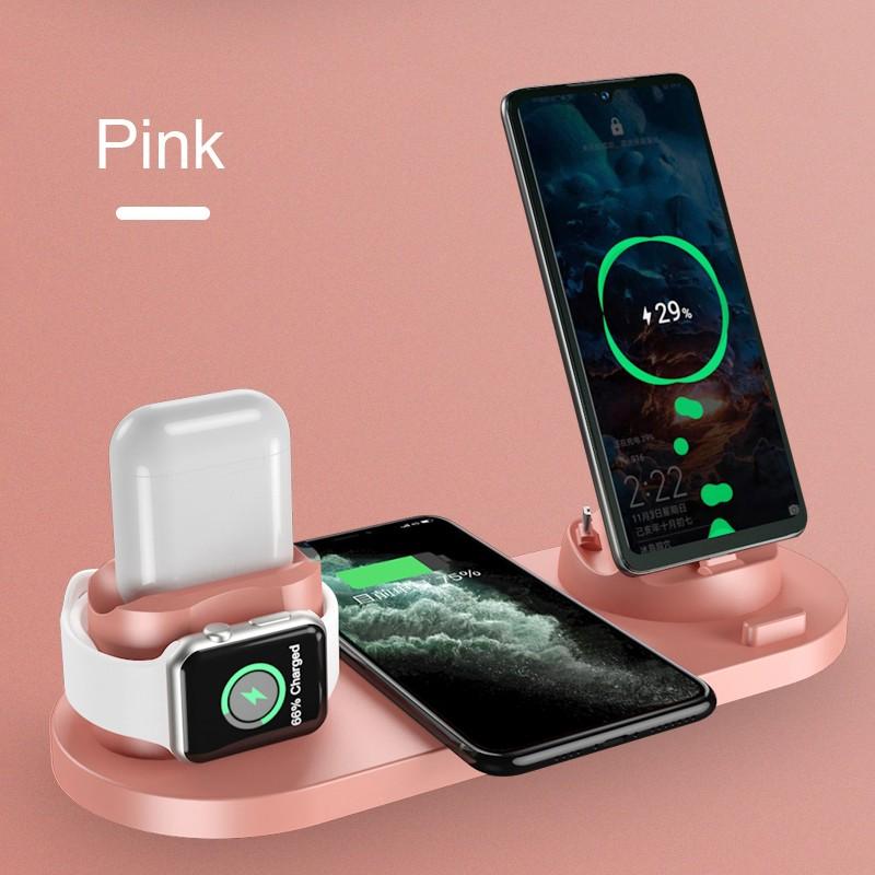 Station de charge sans fil 6 en 1 pour iPhone/Android/téléphones USB type-c 10W Qi, charge rapide pour Apple Watch AirPods Pro,: Pink 6 In 1