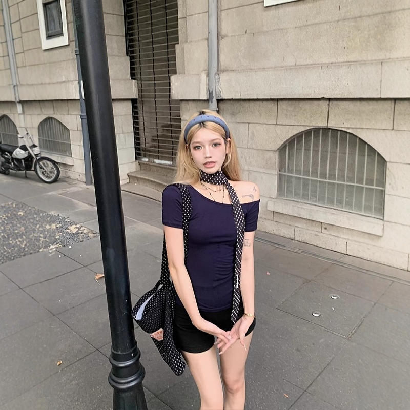 Slanted Collar Off Shoulder Short Sleeved T-shirt for Women Summer Slim Fit Spice Girl Streetwear Chic Y2k Top