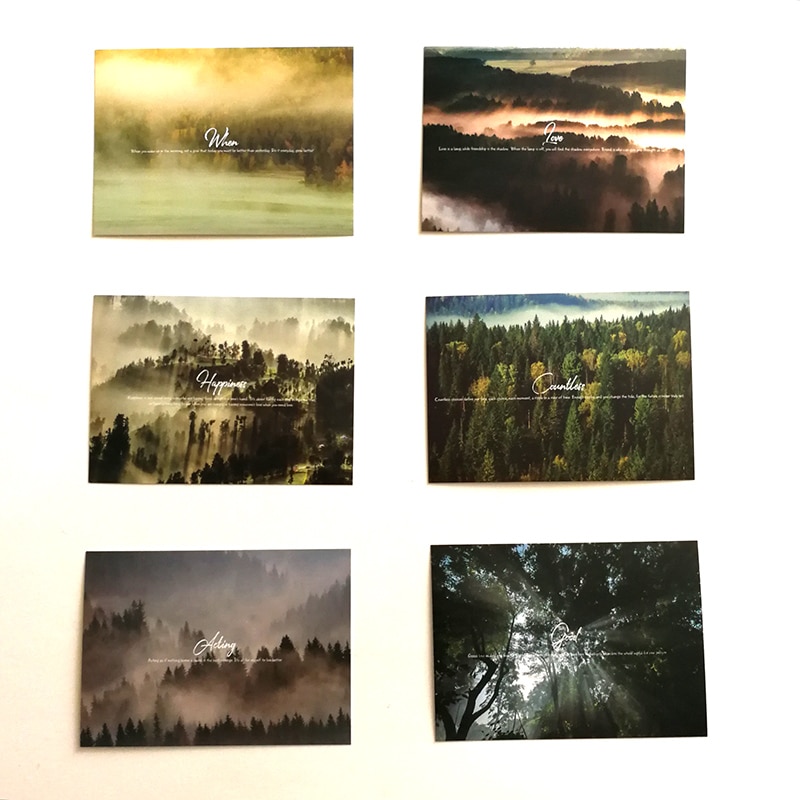 30 unids/set Foggy Forest con frase inglesa clásica Selección de tarjetas de paisaje de fotografía de bosque postales