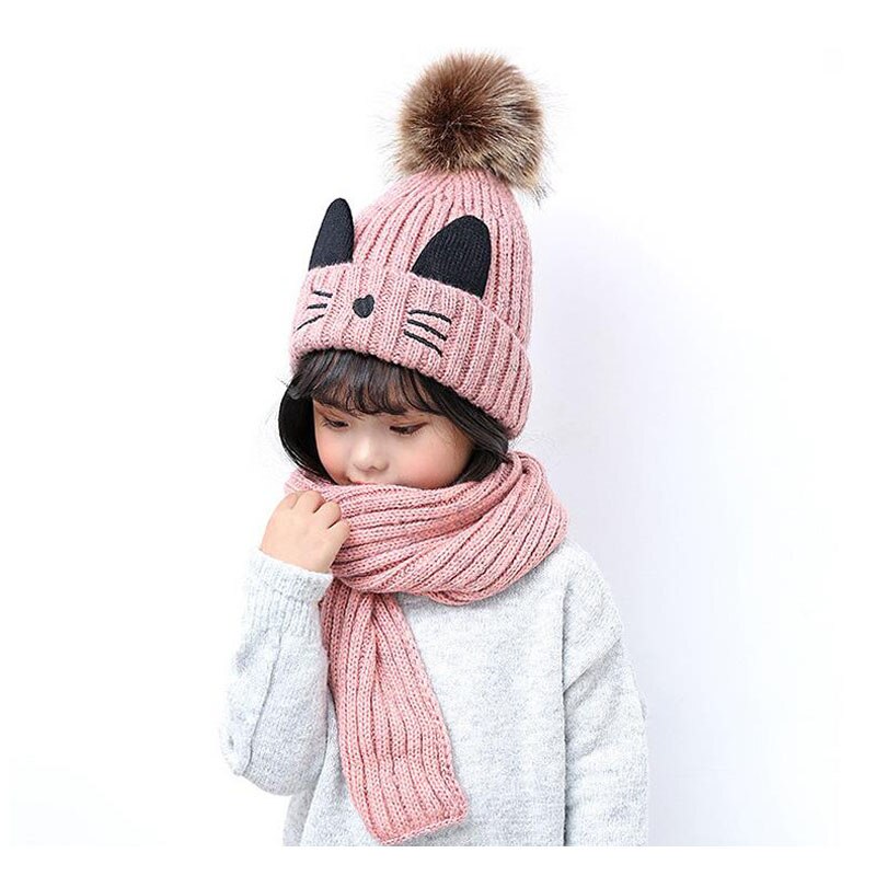 Karikatur katze hairball mützen setzt samt wolle freundlicher Art Gestrickte pelz hüte Winter pelz innen 2 stücke Baby mädchen schal Hütte einstellen