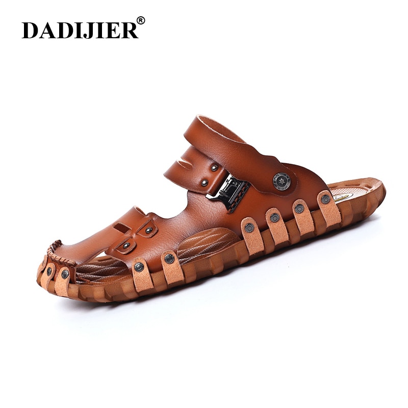 Dadijier stil mand sandaler afslappet flade hæle spilit læder mandlige retro strand tøfler herre romerske sommersko  st96