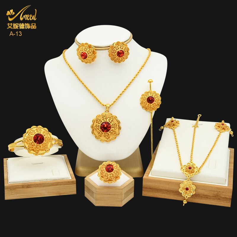 ANIID Dubai Ethiopian Flower Gold Plated 6pcs Jewelry Sets For Women Nigerian Luxury Necklace Jewellery Set Wedding Party: A-13-Gold