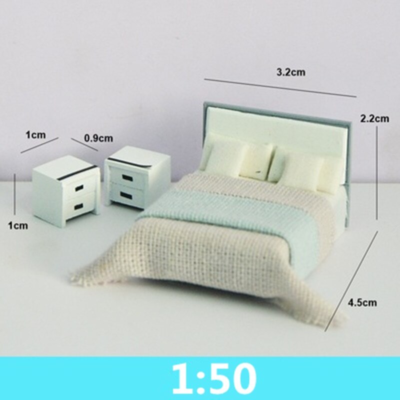 1/50 Model Bed and Nightstand Model Set Miniature Home Model DIY Handmade Craft Toy