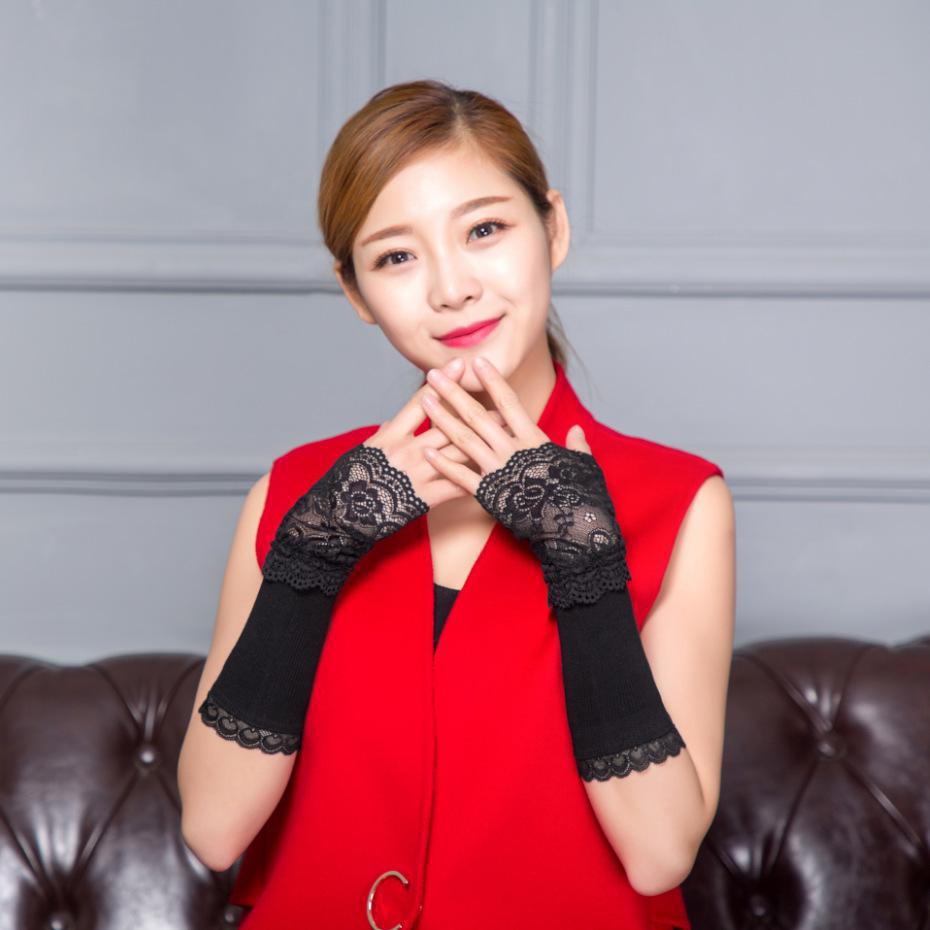 Calentadores de brazo de primavera y otoño para mujer, guantes largos sin dedos de algodón con encaje negro y manga de brazo AGB639A: Default Title